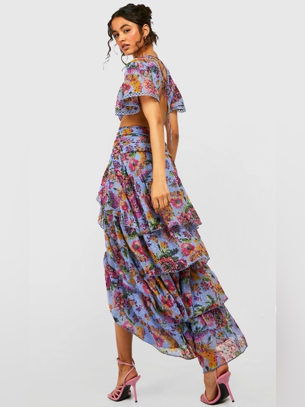 Boohoo Floral Dobby Cut Out Ruffle Maxi Dress Blue Boho Size 6 - Picture 2 of 10